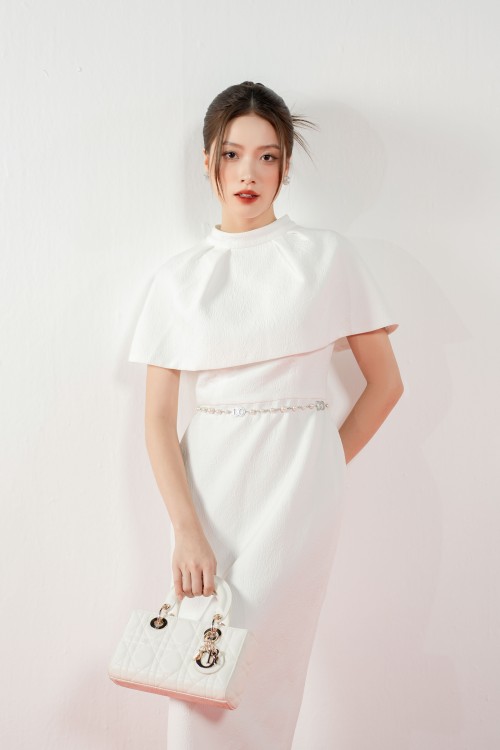 Sixdo White Cape Woven Midi Dress